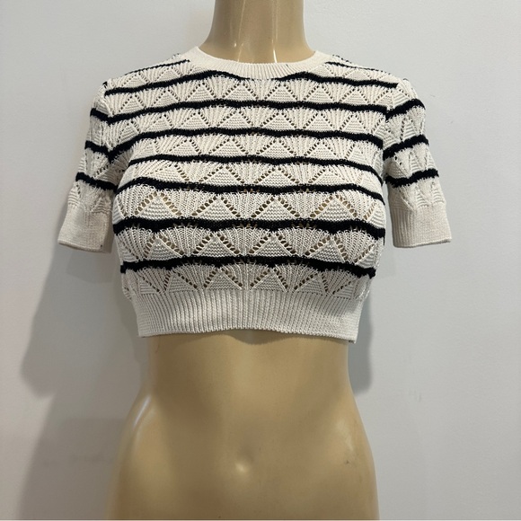 New Zara Crop Crochet Sweater Top Sz S Striped Shirt Knit Short Sleeve - Picture 1 of 9